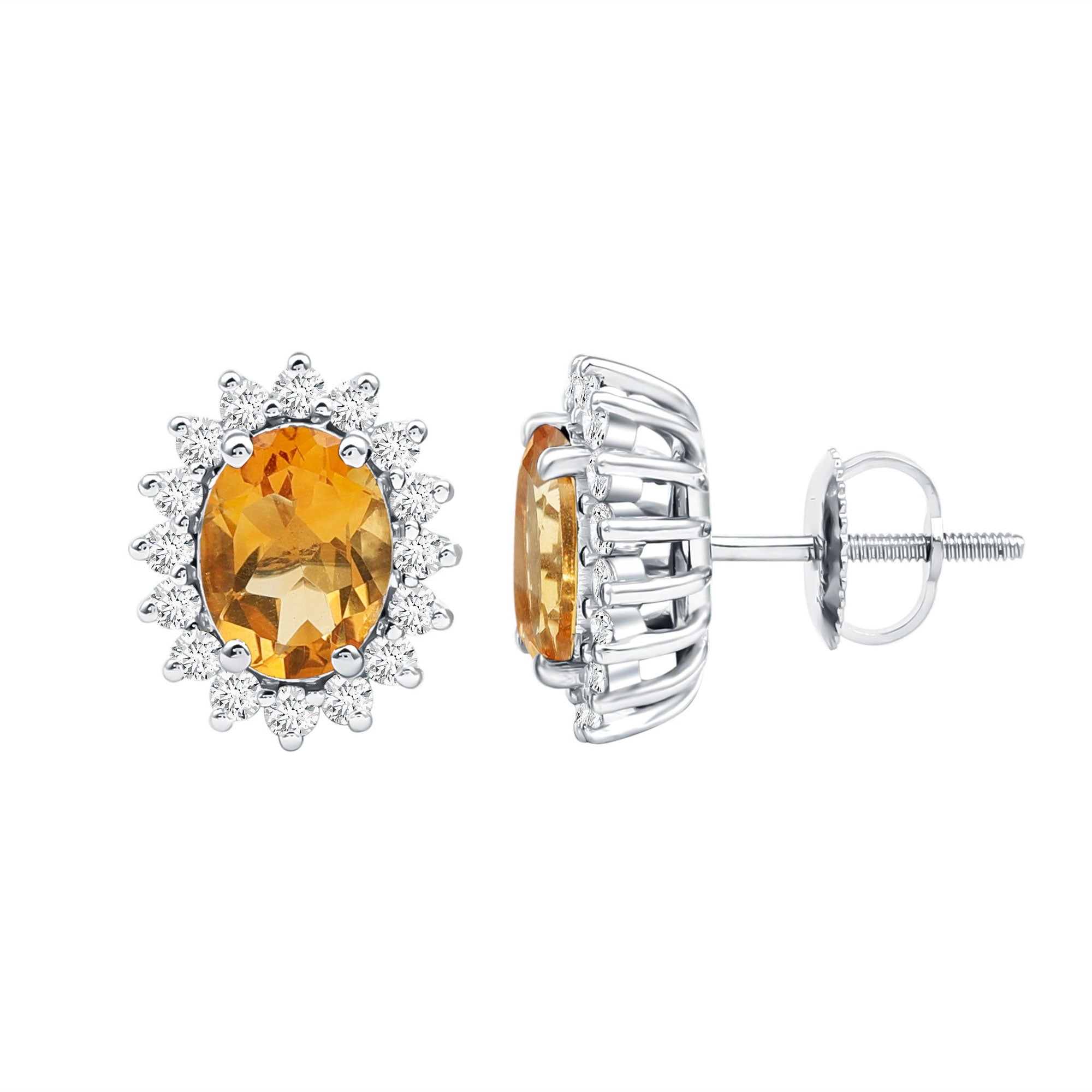 Natural 6X8mm Oval Citrine Stud Earrings with Halo