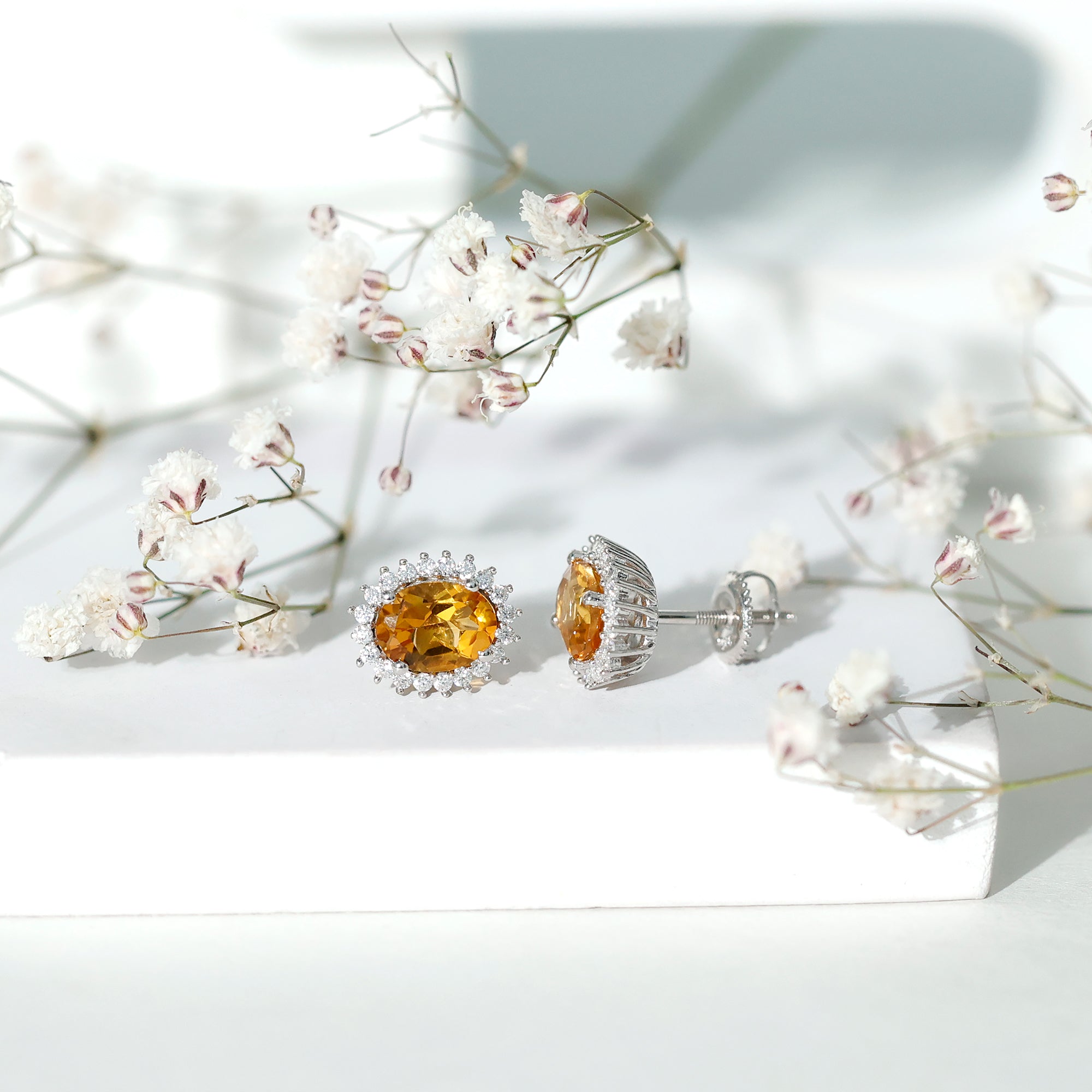 Natural 6X8mm Oval Citrine Stud Earrings with Halo