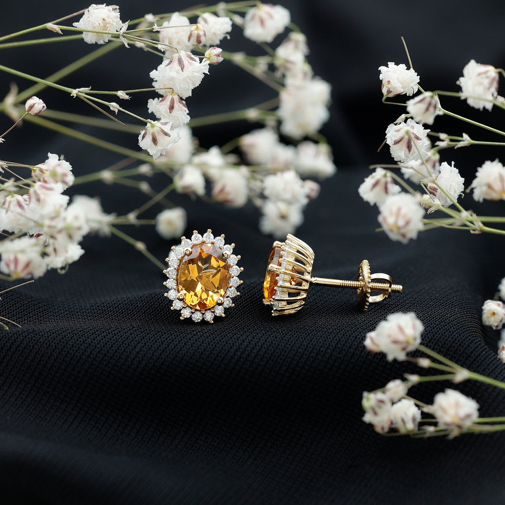 Natural 6X8mm Oval Citrine Stud Earrings with Halo