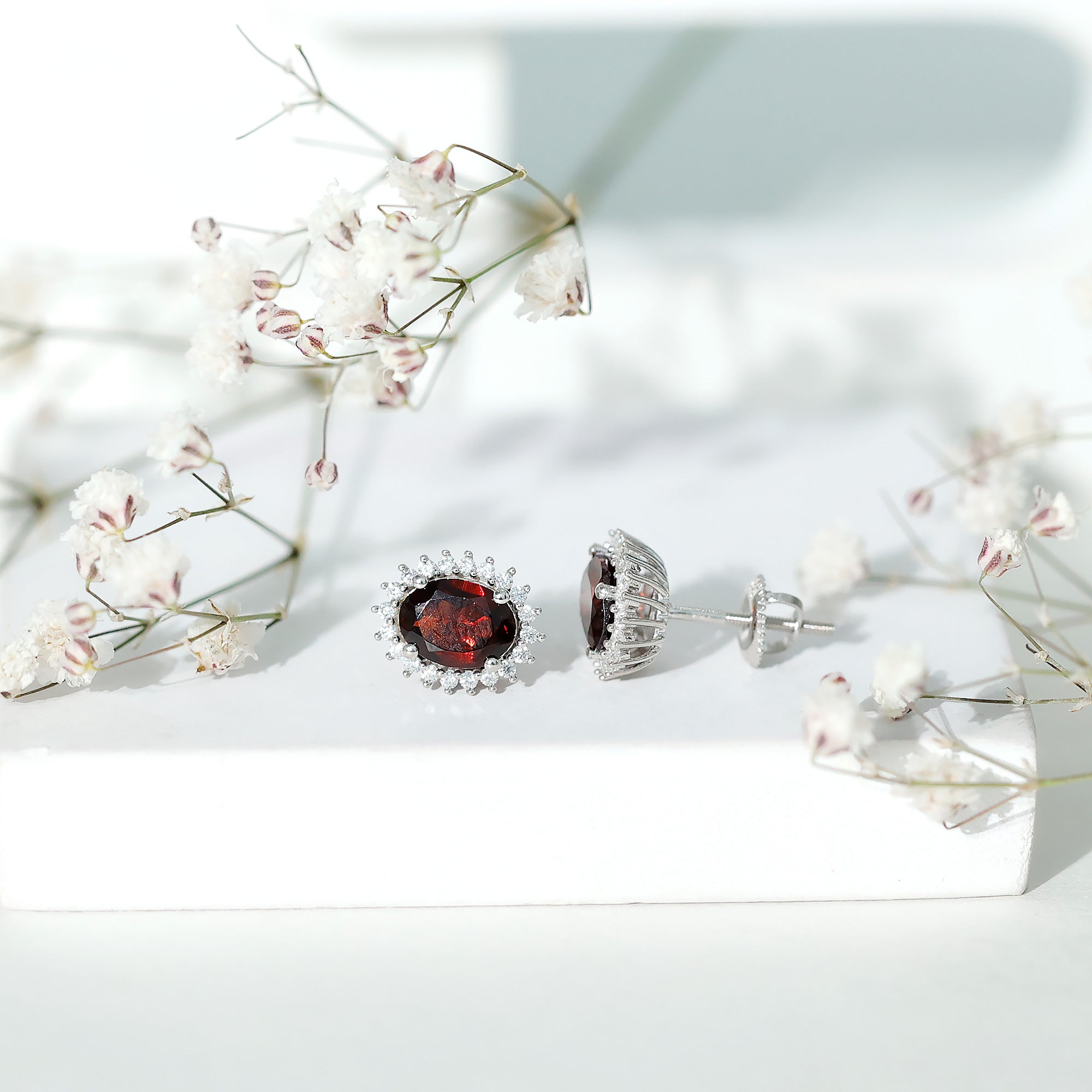 3.5 CT Classic Garnet Stud Earrings with Moissanite Halo