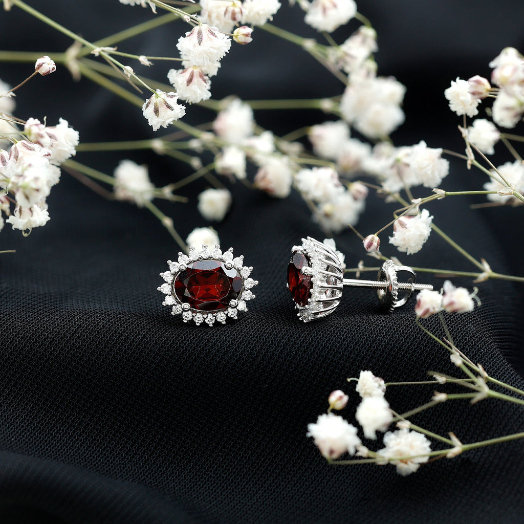 3.5 CT Classic Garnet Stud Earrings with Moissanite Halo
