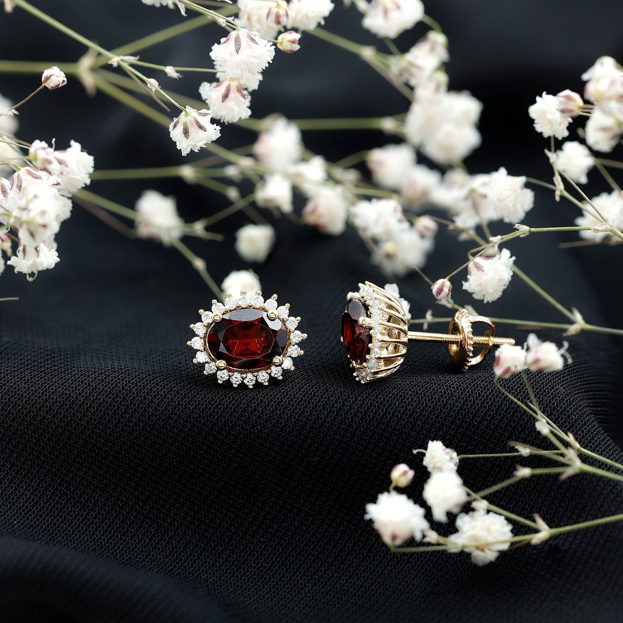 3.5 CT Classic Garnet Stud Earrings with Moissanite Halo