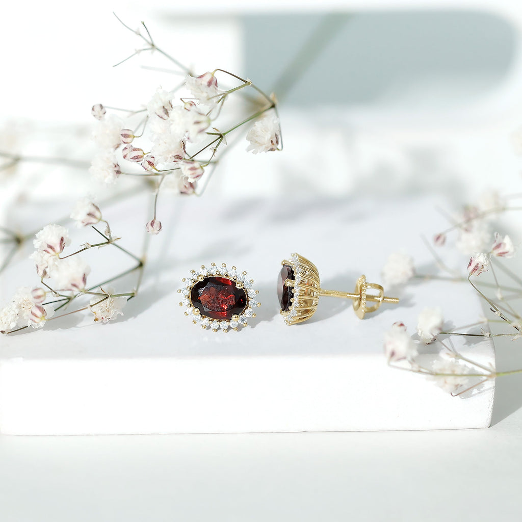 3.5 CT Classic Garnet Stud Earrings with Moissanite Halo