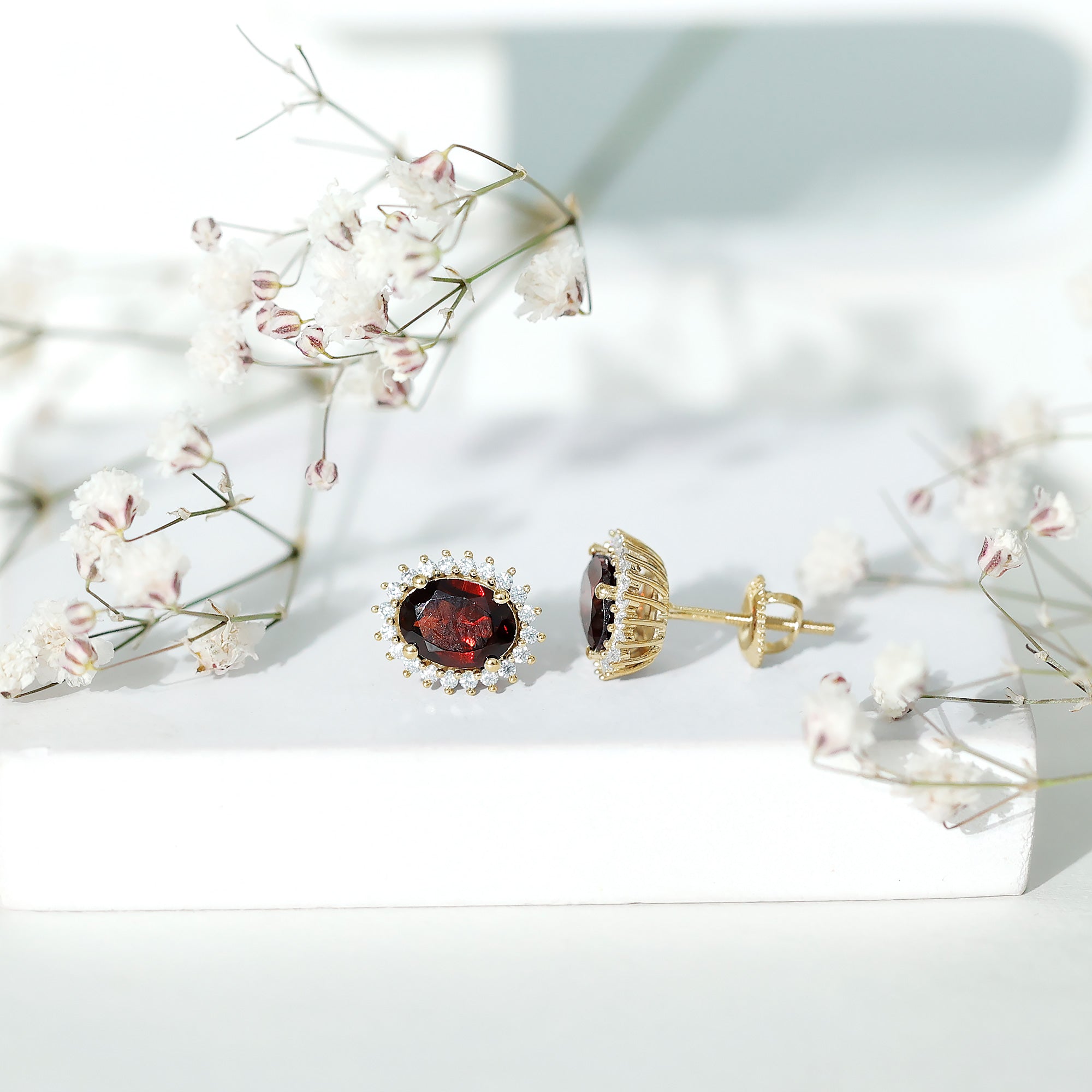 3.5 CT Classic Garnet Stud Earrings with Moissanite Halo