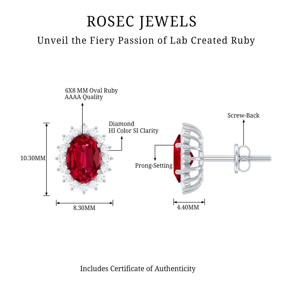 2.5 CT Oval Cut Created Ruby Statement Stud Earrings with Diamond Halo