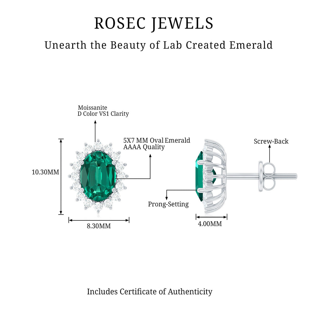 Lab Created Emerald Oval Stud Earrings with Moissanite Halo