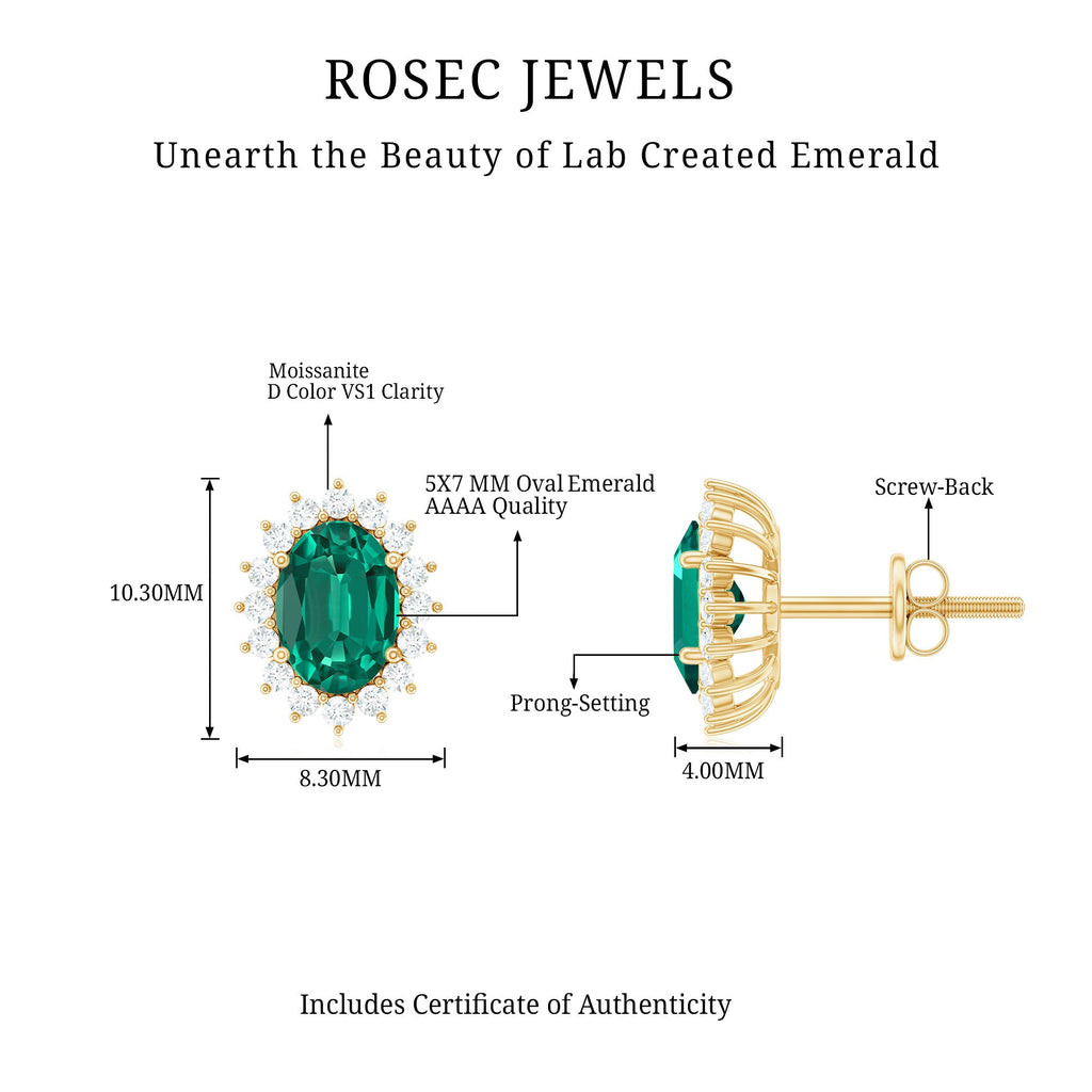 Lab Created Emerald Oval Stud Earrings with Moissanite Halo