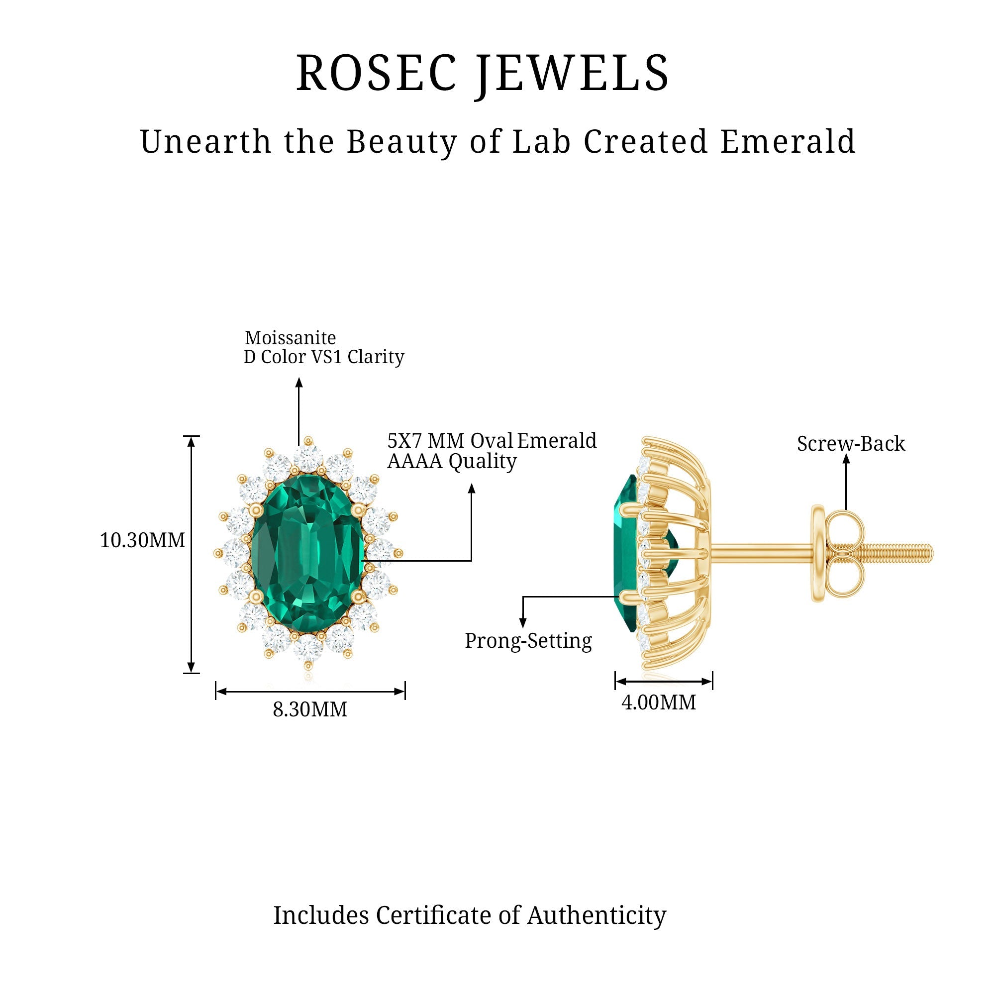 Lab Created Emerald Oval Stud Earrings with Moissanite Halo