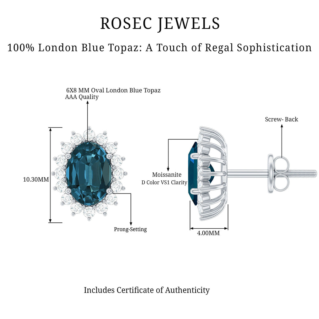 6X8MM Oval London Blue Topaz Stud Earrings with Moissanite Halo
