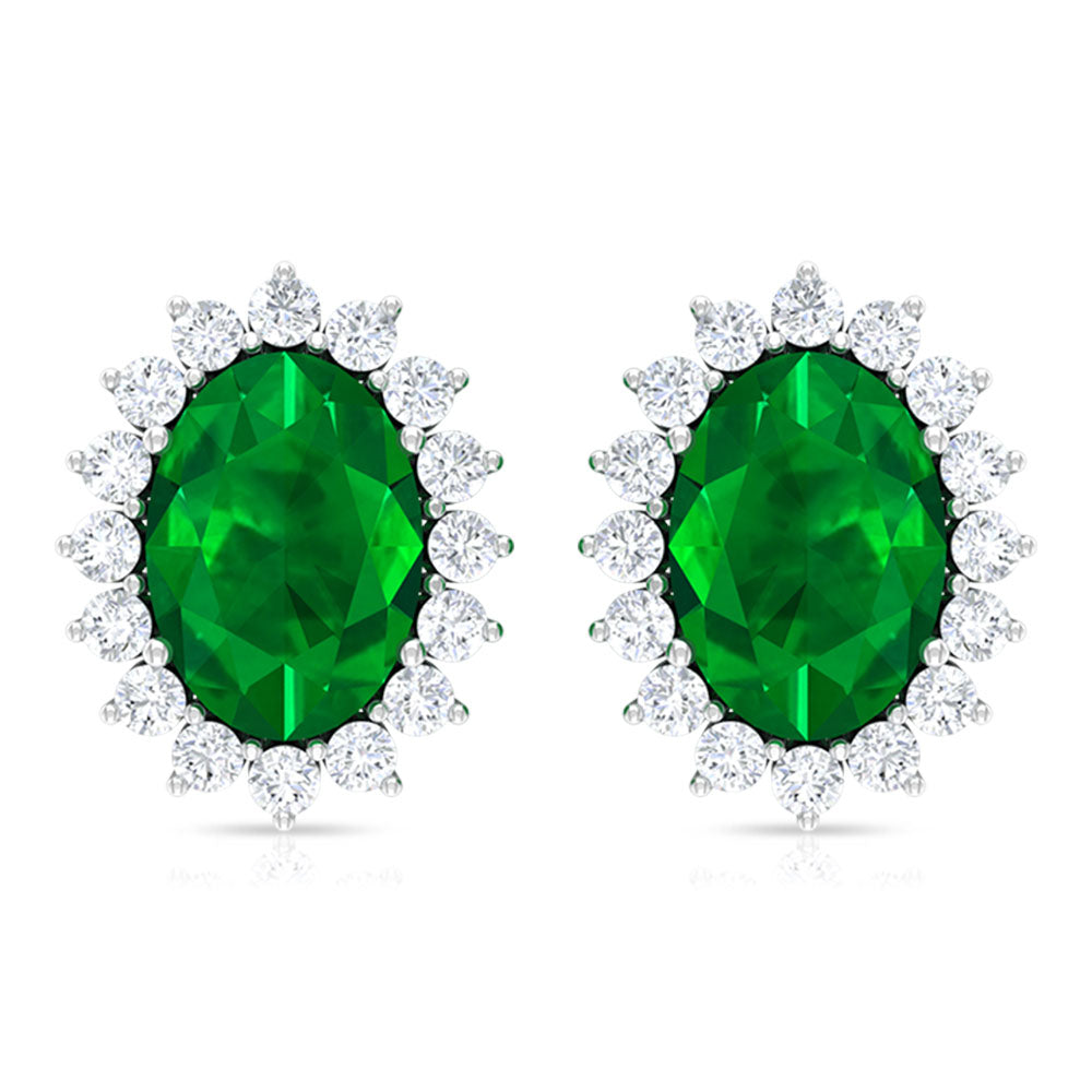 Oval Cut Natural Emerald Stud Earrings with Diamond Halo