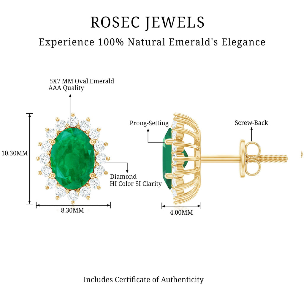 Oval Cut Natural Emerald Stud Earrings with Diamond Halo