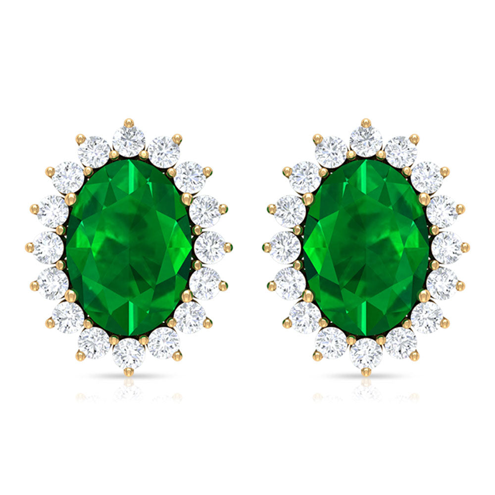 Oval Cut Natural Emerald Stud Earrings with Diamond Halo