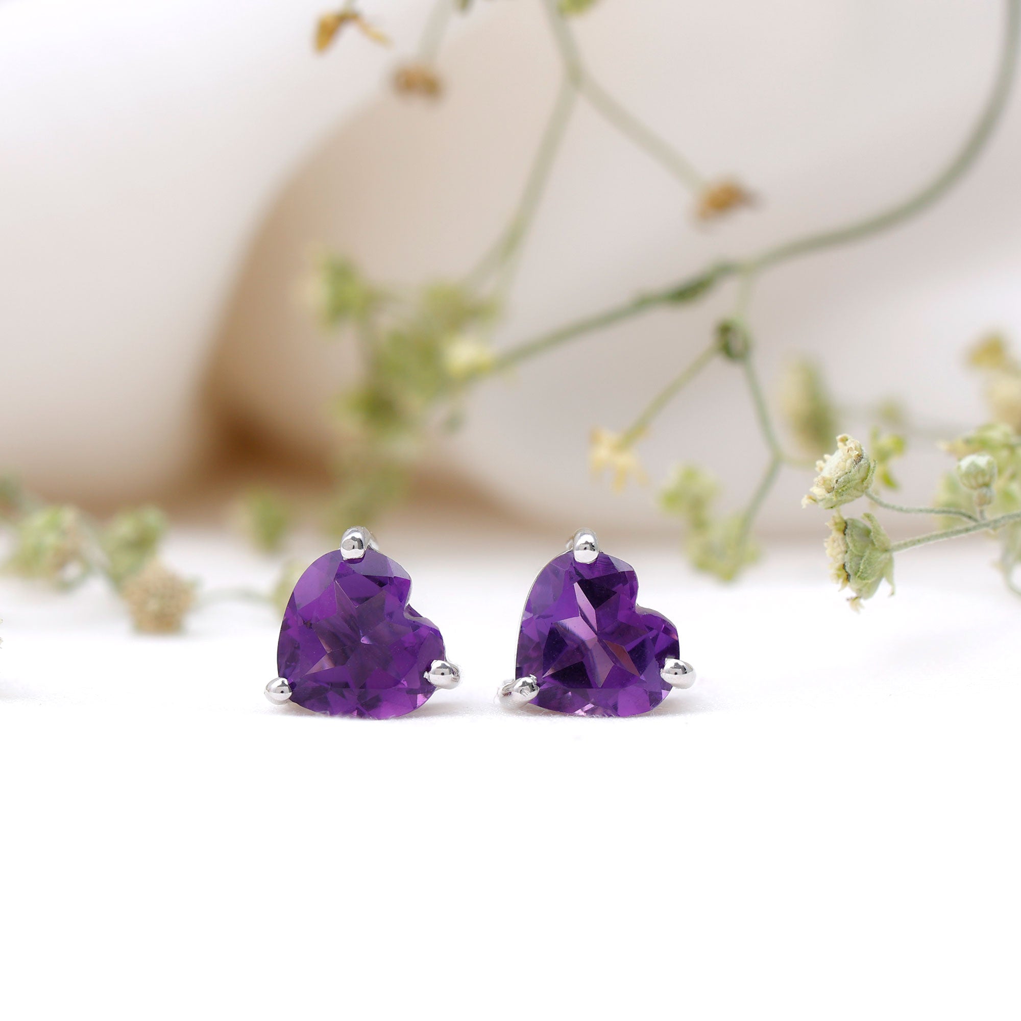 Heart Shape Amethyst Solitaire Stud Earrings for Her