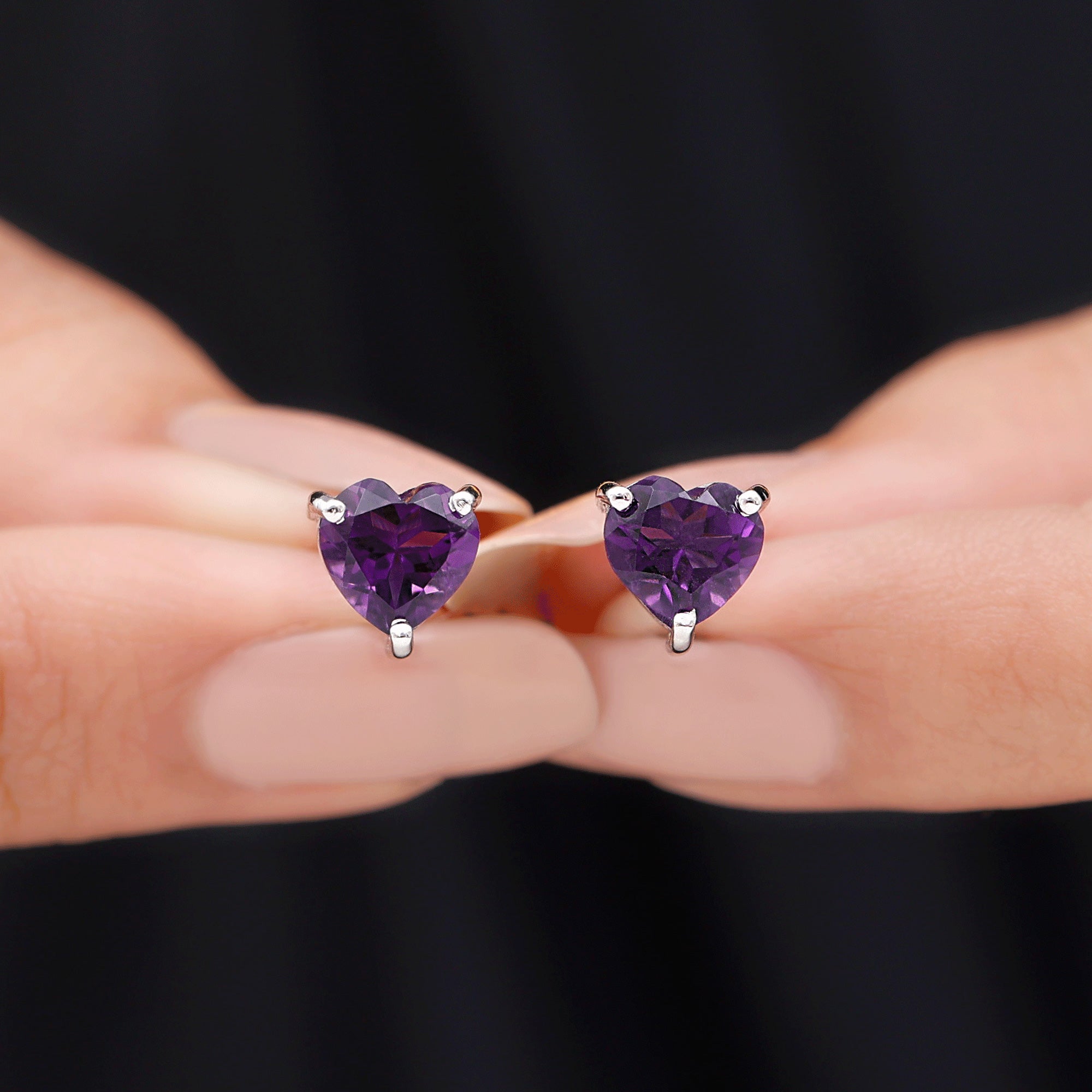 Heart Shape Amethyst Solitaire Stud Earrings for Her