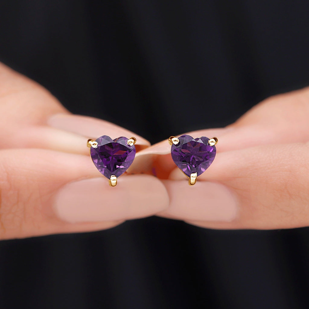 Heart Shape Amethyst Solitaire Stud Earrings for Her