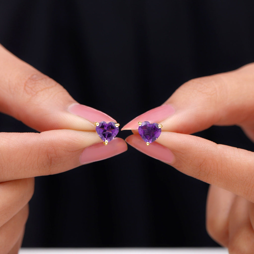 Heart Shape Amethyst Solitaire Stud Earrings for Her