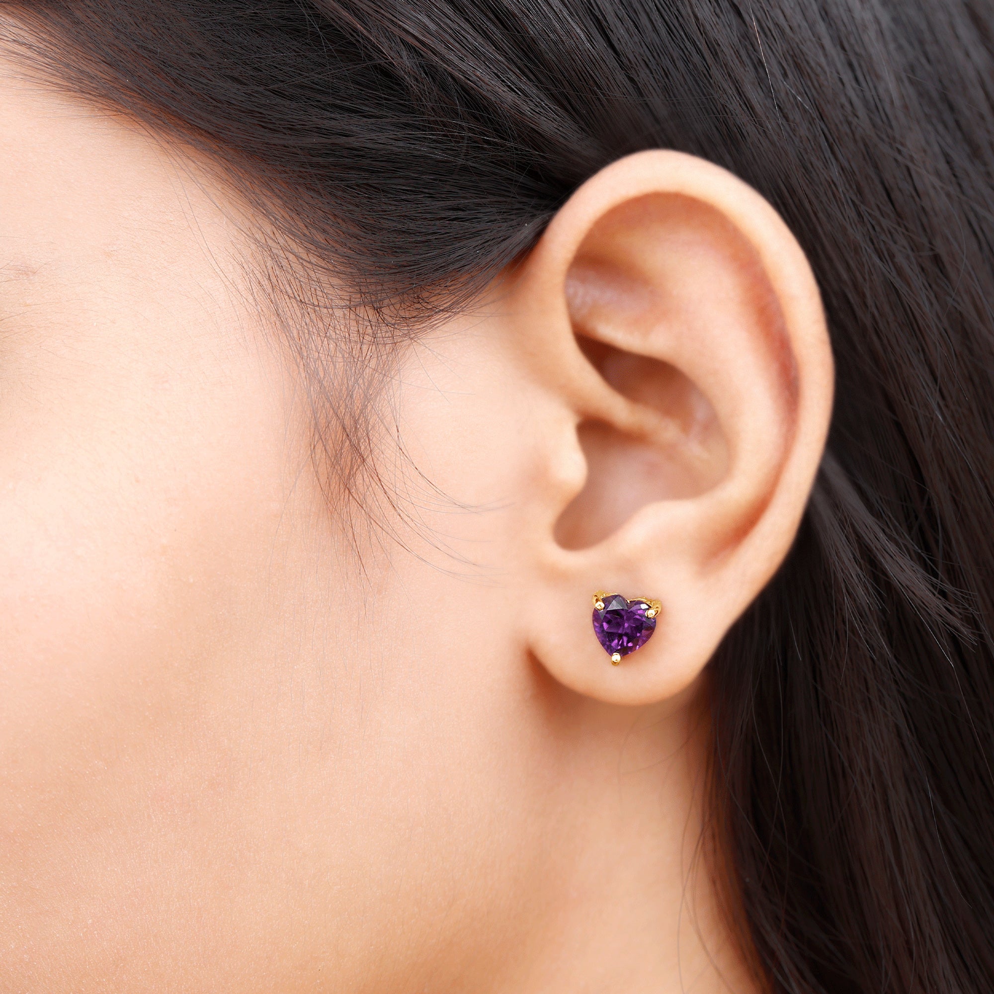Heart Shape Amethyst Solitaire Stud Earrings for Her
