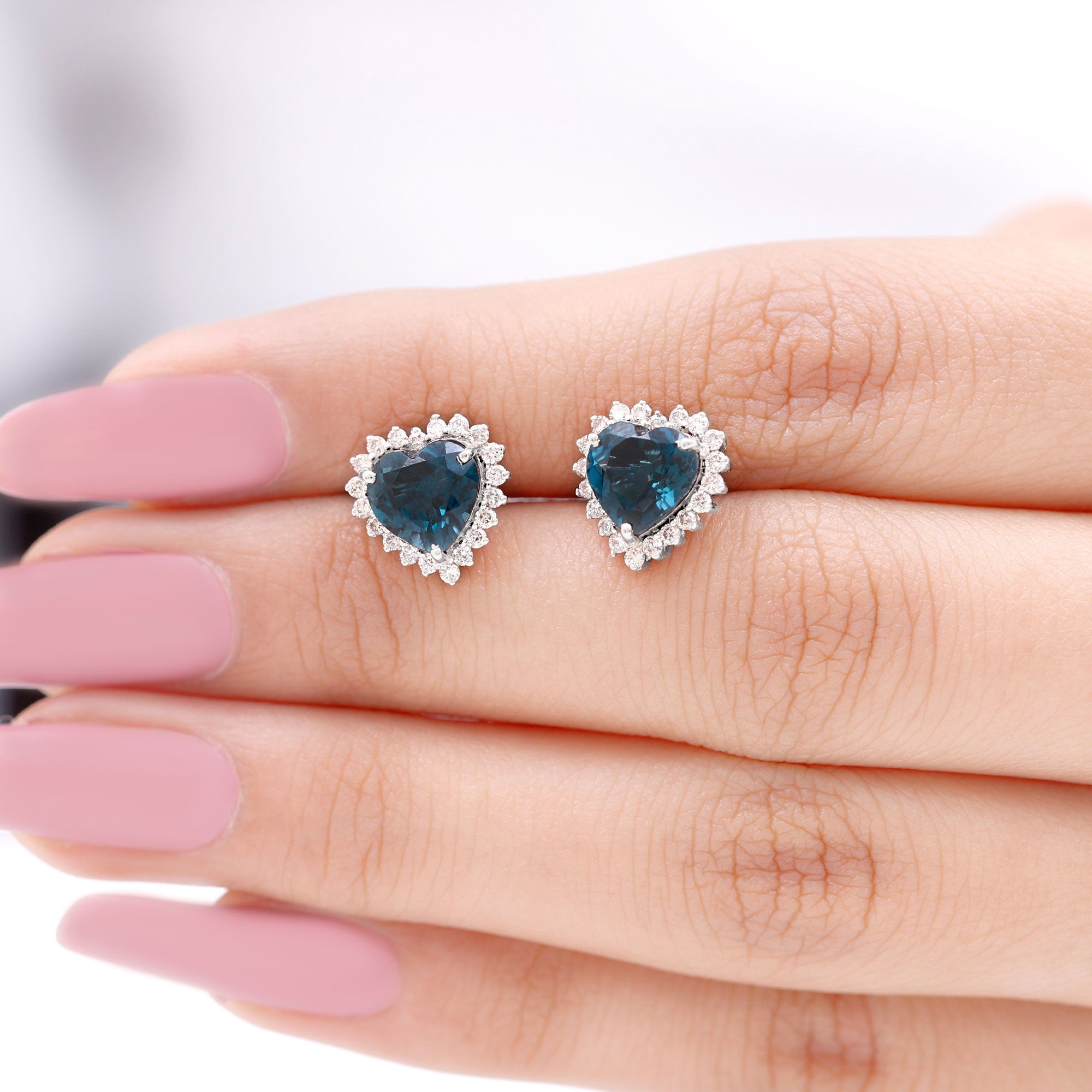 Heart Shape London Blue Topaz and Diamond Stud Earrings