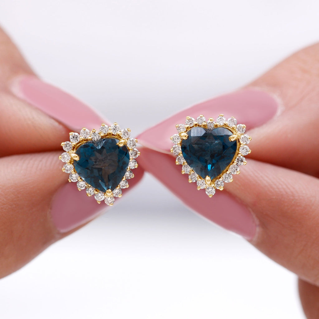 Heart Shape London Blue Topaz and Diamond Stud Earrings