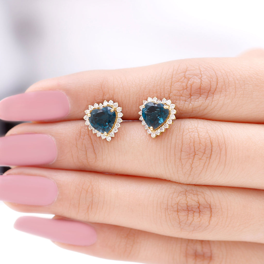 Heart Shape London Blue Topaz and Diamond Stud Earrings