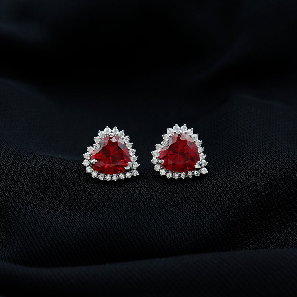 Lab Created Ruby Heart Studs with Diamond Halo