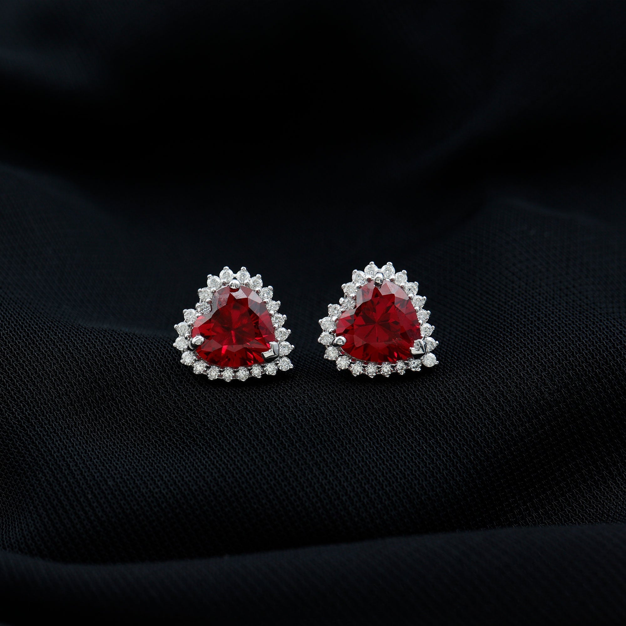 Lab Created Ruby Heart Studs with Diamond Halo