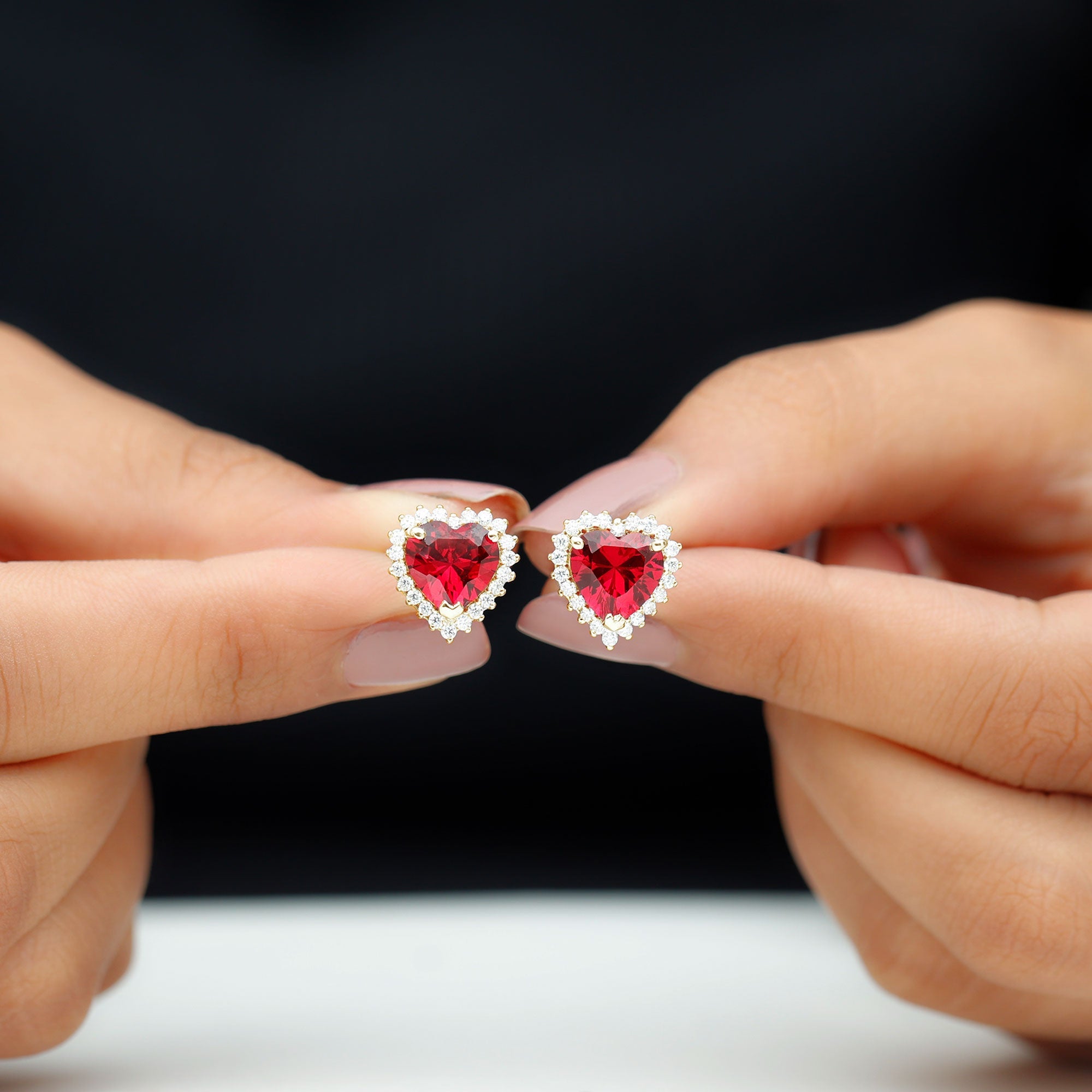 Lab Created Ruby Heart Studs with Diamond Halo
