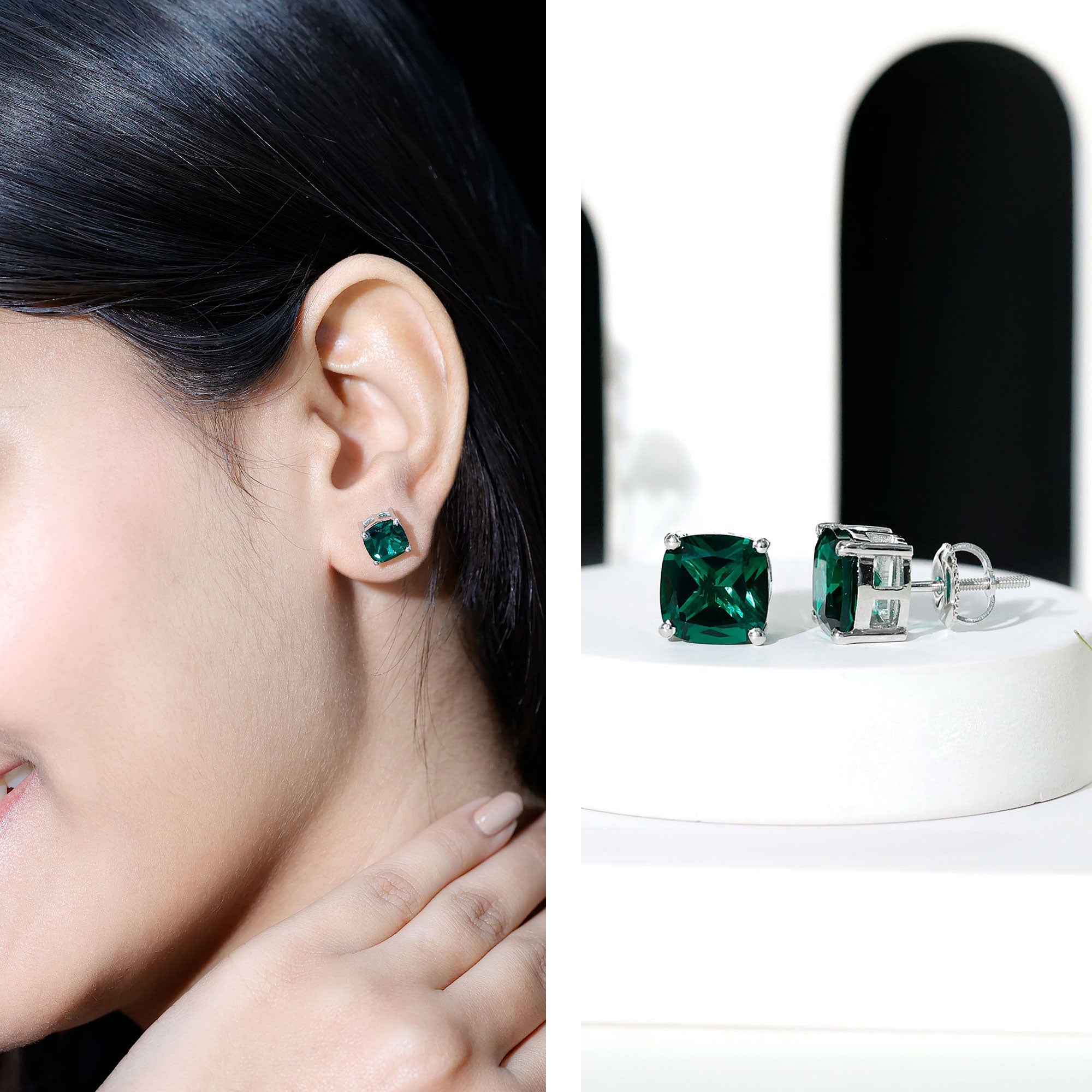 3 CT Cushion Cut Created Emerald Solitaire Stud Earring