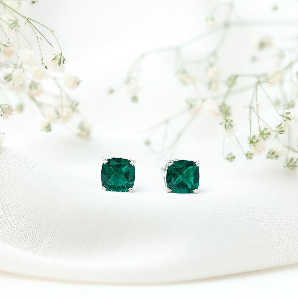 3 CT Cushion Cut Created Emerald Solitaire Stud Earring