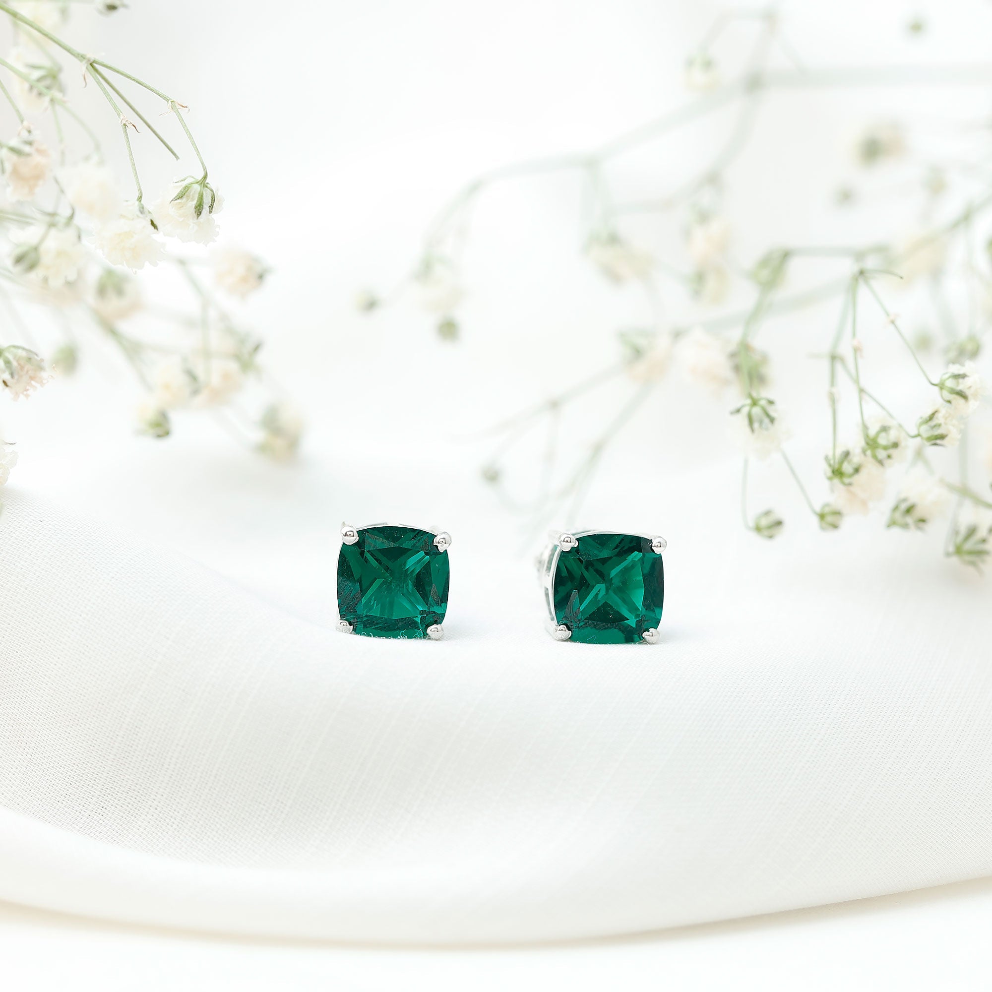 3 CT Cushion Cut Created Emerald Solitaire Stud Earring