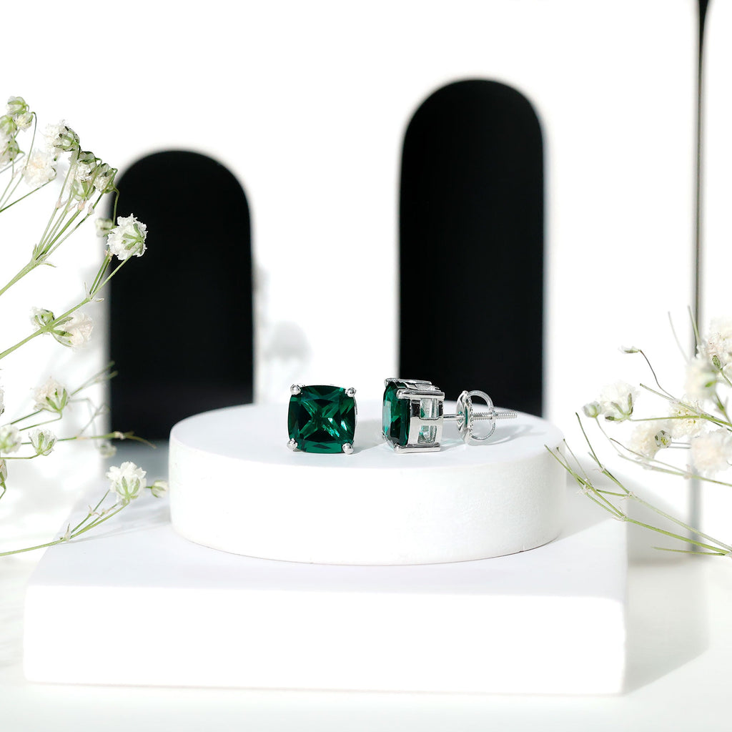 3 CT Cushion Cut Created Emerald Solitaire Stud Earring