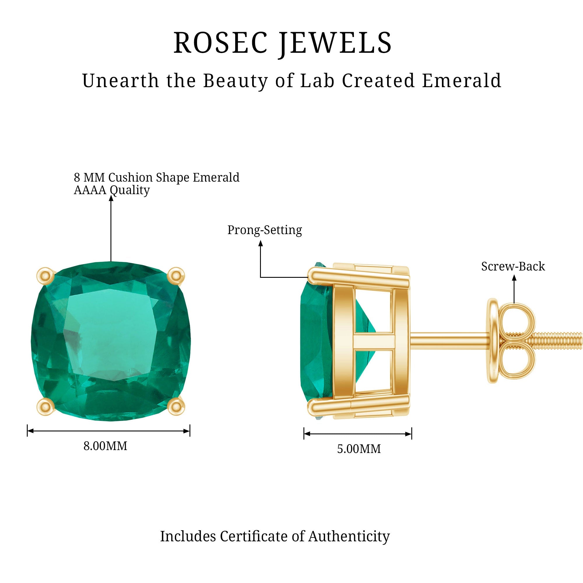 3 CT Cushion Cut Created Emerald Solitaire Stud Earring