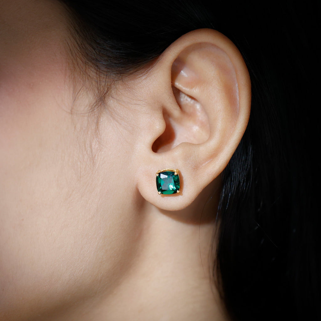 3 CT Cushion Cut Created Emerald Solitaire Stud Earring
