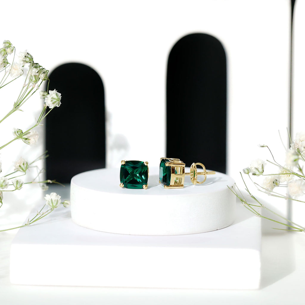 3 CT Cushion Cut Created Emerald Solitaire Stud Earring