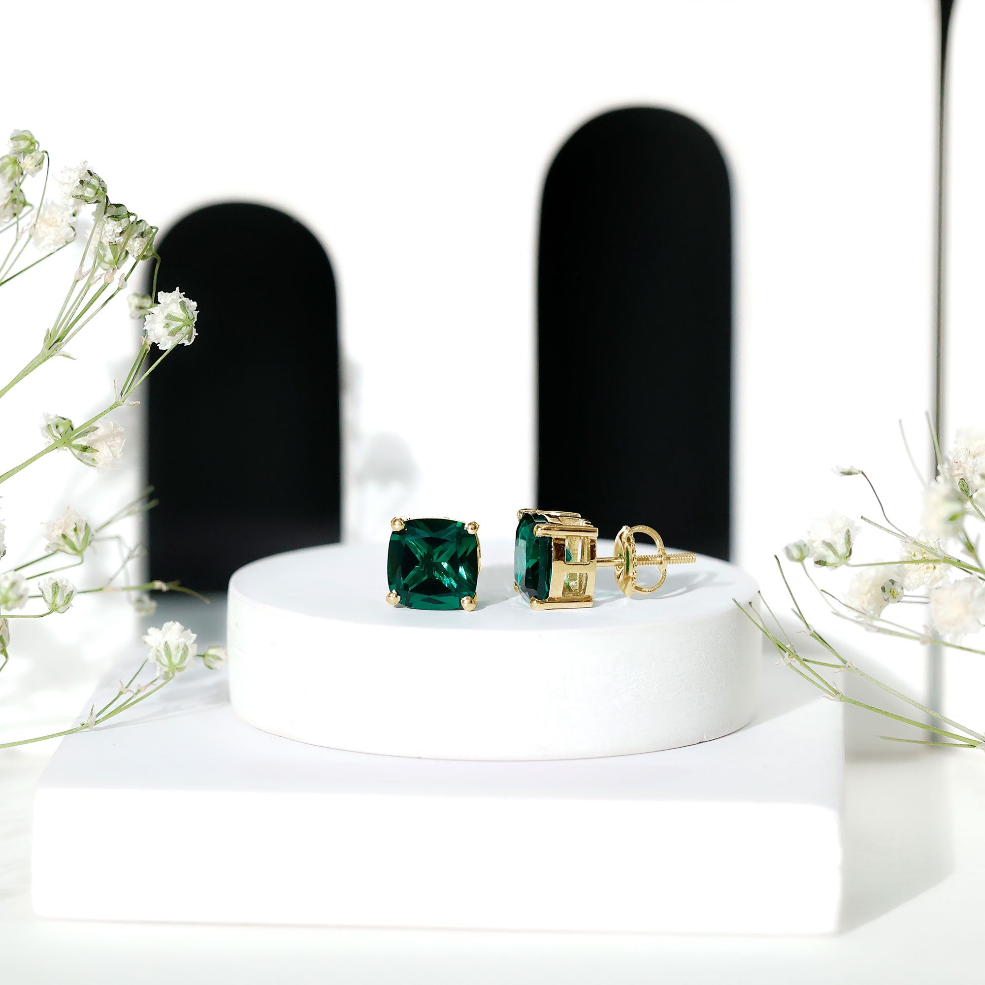 3 CT Cushion Cut Created Emerald Solitaire Stud Earring