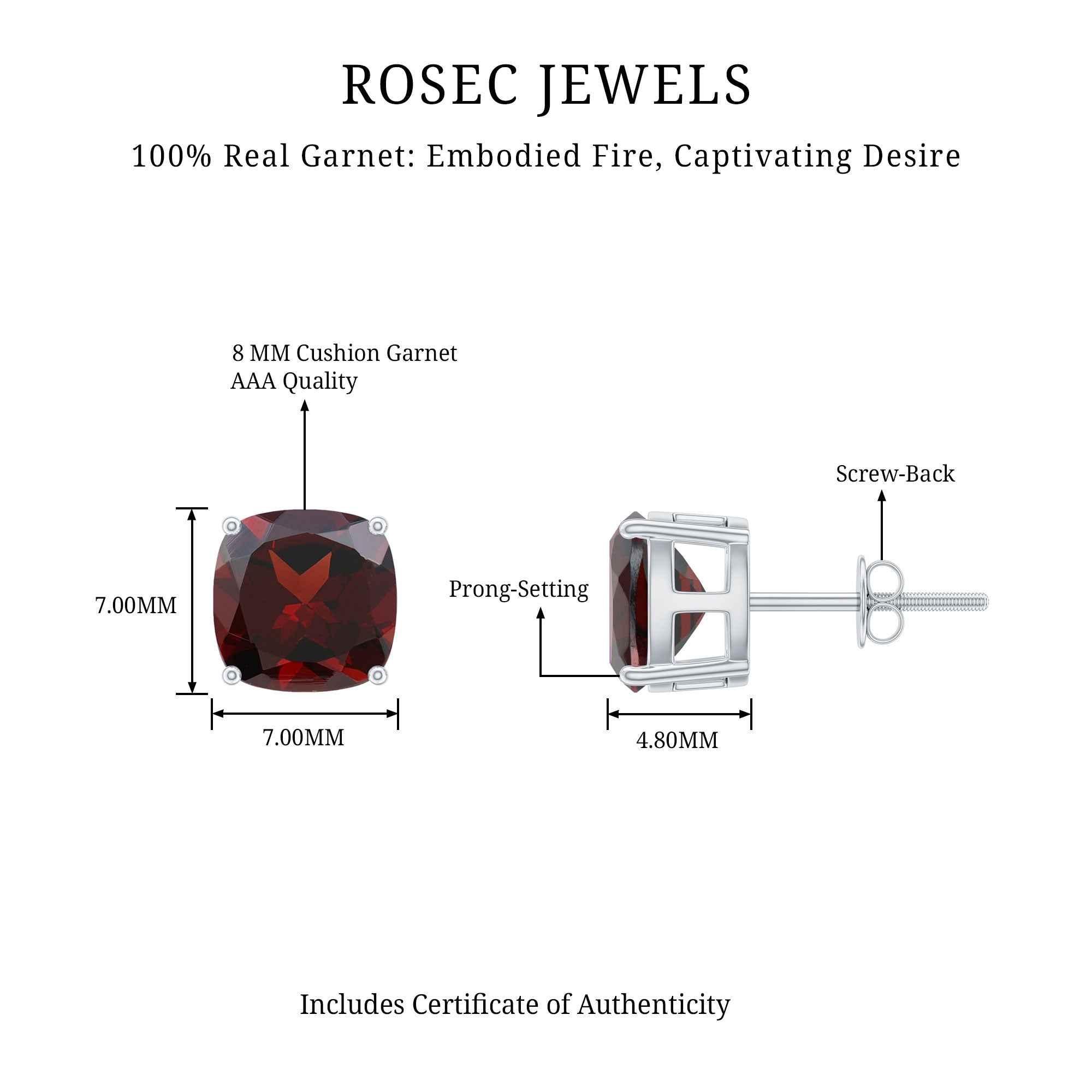 8MM Cushion Cut Garnet Solitaire Stud Earrings