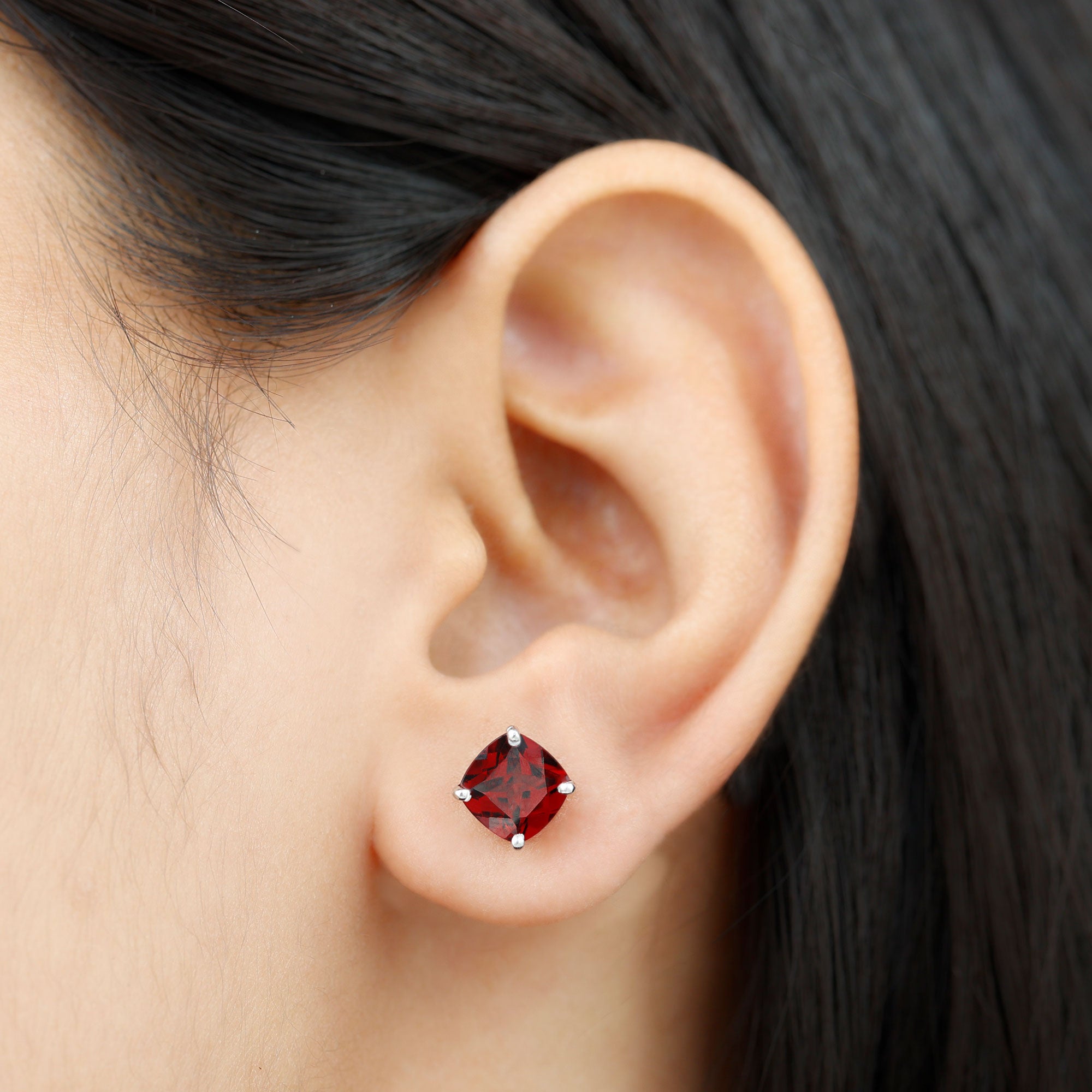8MM Cushion Cut Garnet Solitaire Stud Earrings