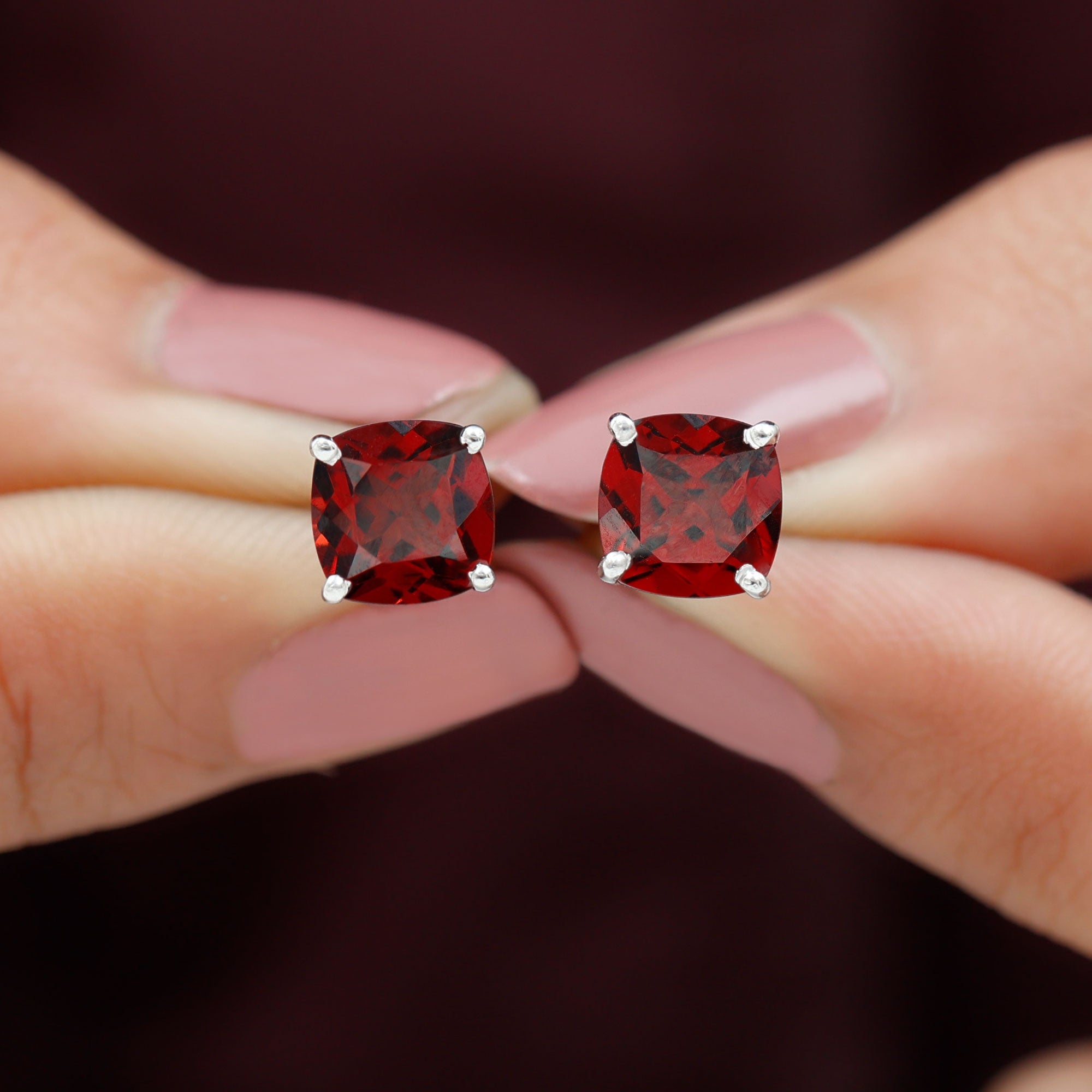 8MM Cushion Cut Garnet Solitaire Stud Earrings