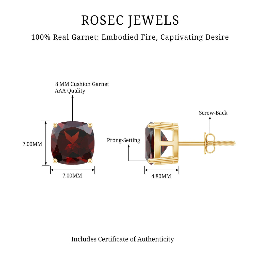 8MM Cushion Cut Garnet Solitaire Stud Earrings