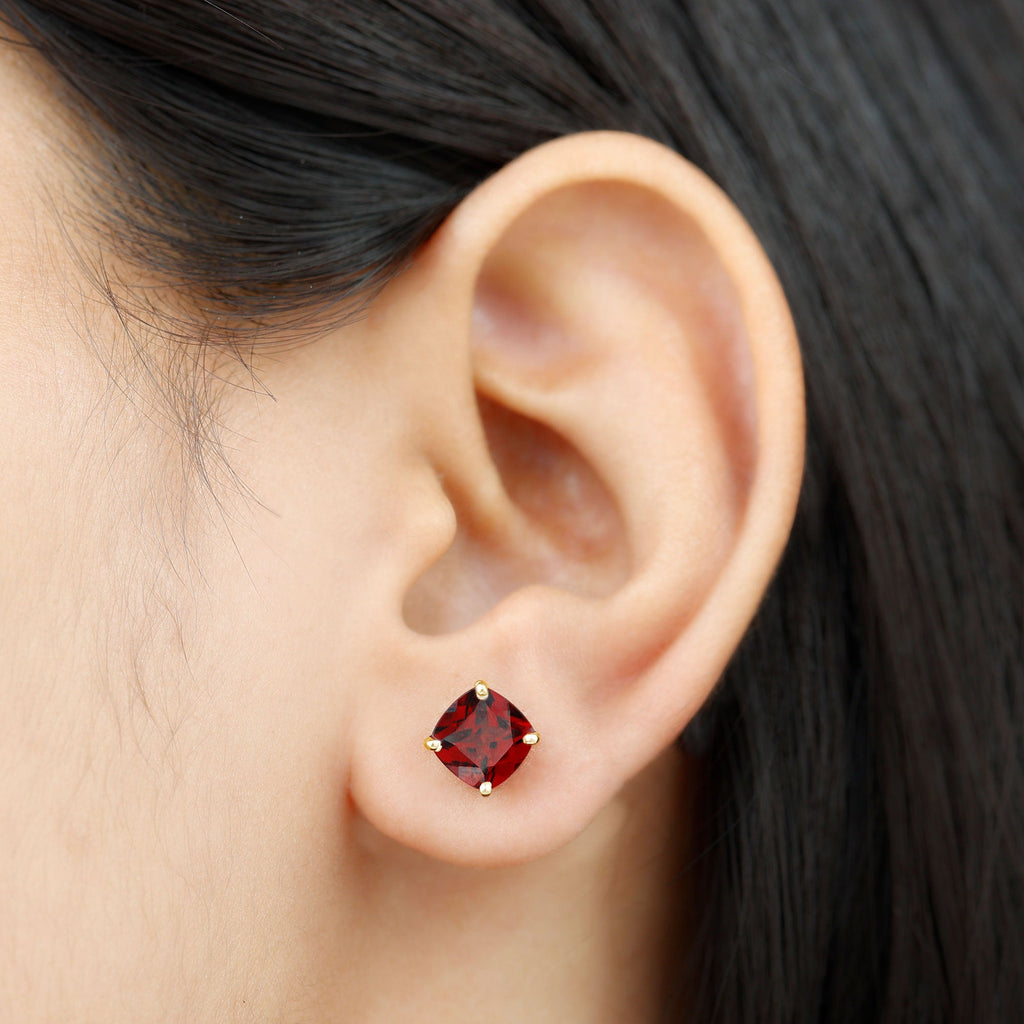 8MM Cushion Cut Garnet Solitaire Stud Earrings