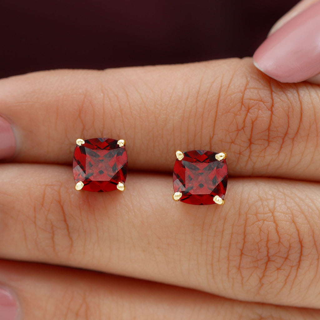 8MM Cushion Cut Garnet Solitaire Stud Earrings