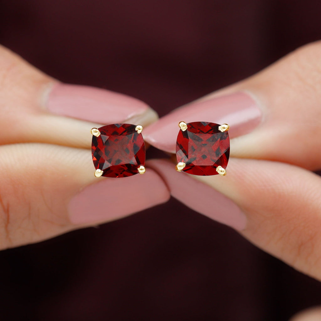 8MM Cushion Cut Garnet Solitaire Stud Earrings