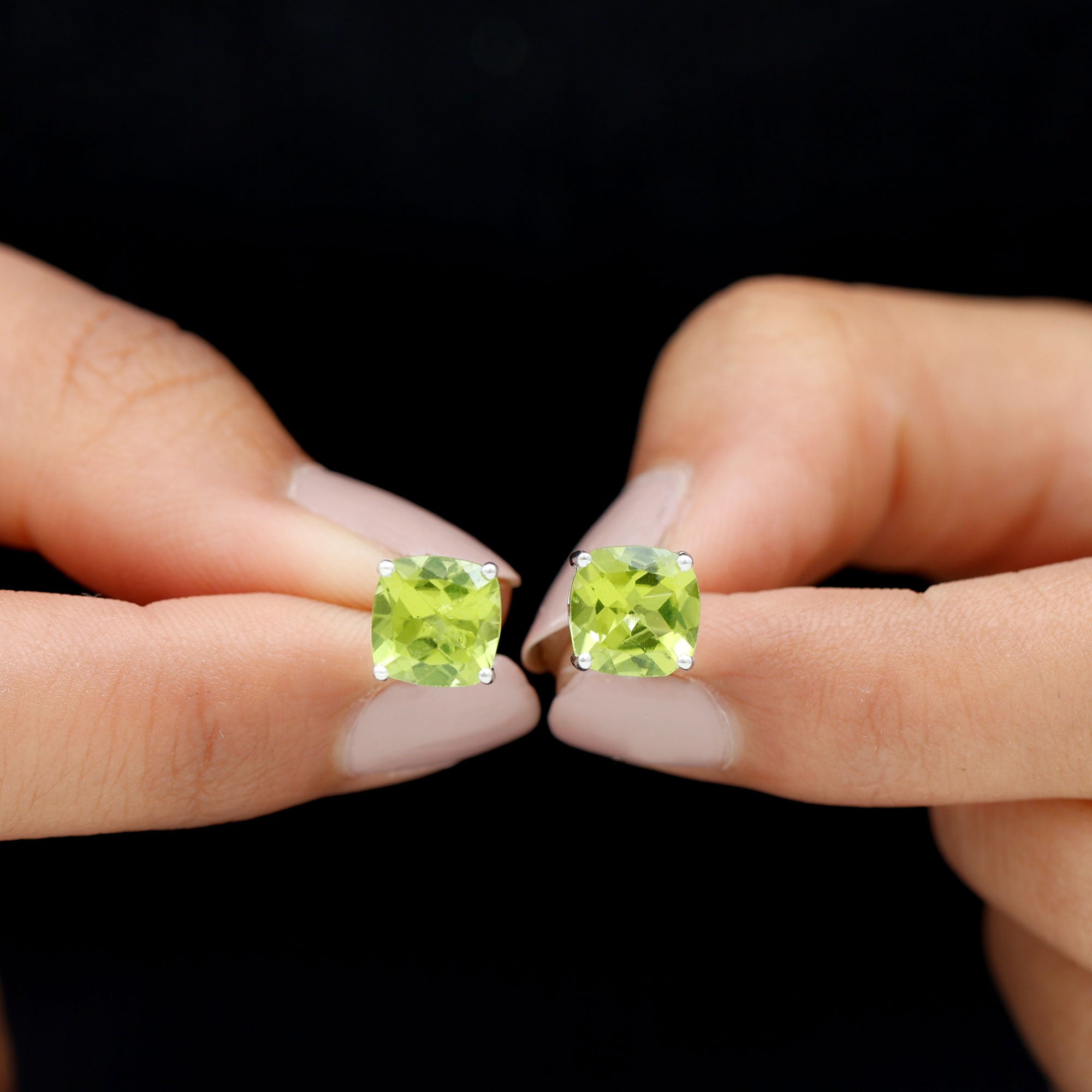 Genuine Cushion Cut Peridot Solitaire Stud Earrings With Certificate