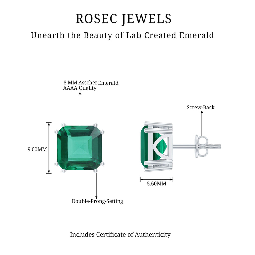 Certified Asscher Cut Lab Grown Emerald Stud Earrings in Double Prongs
