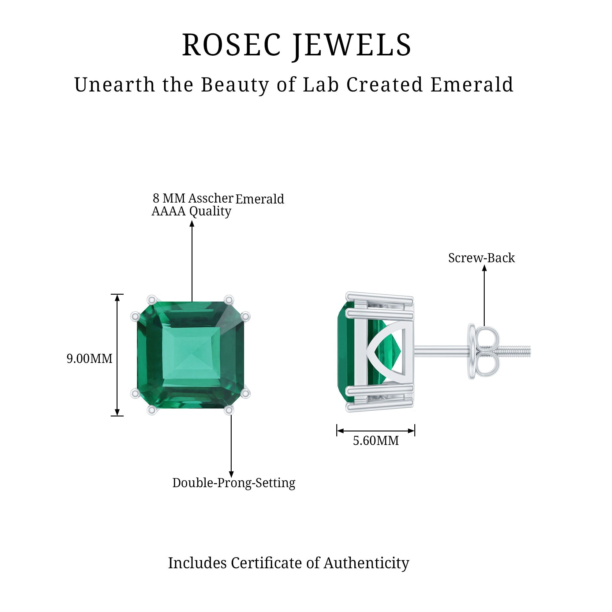 Certified Asscher Cut Lab Grown Emerald Stud Earrings in Double Prongs