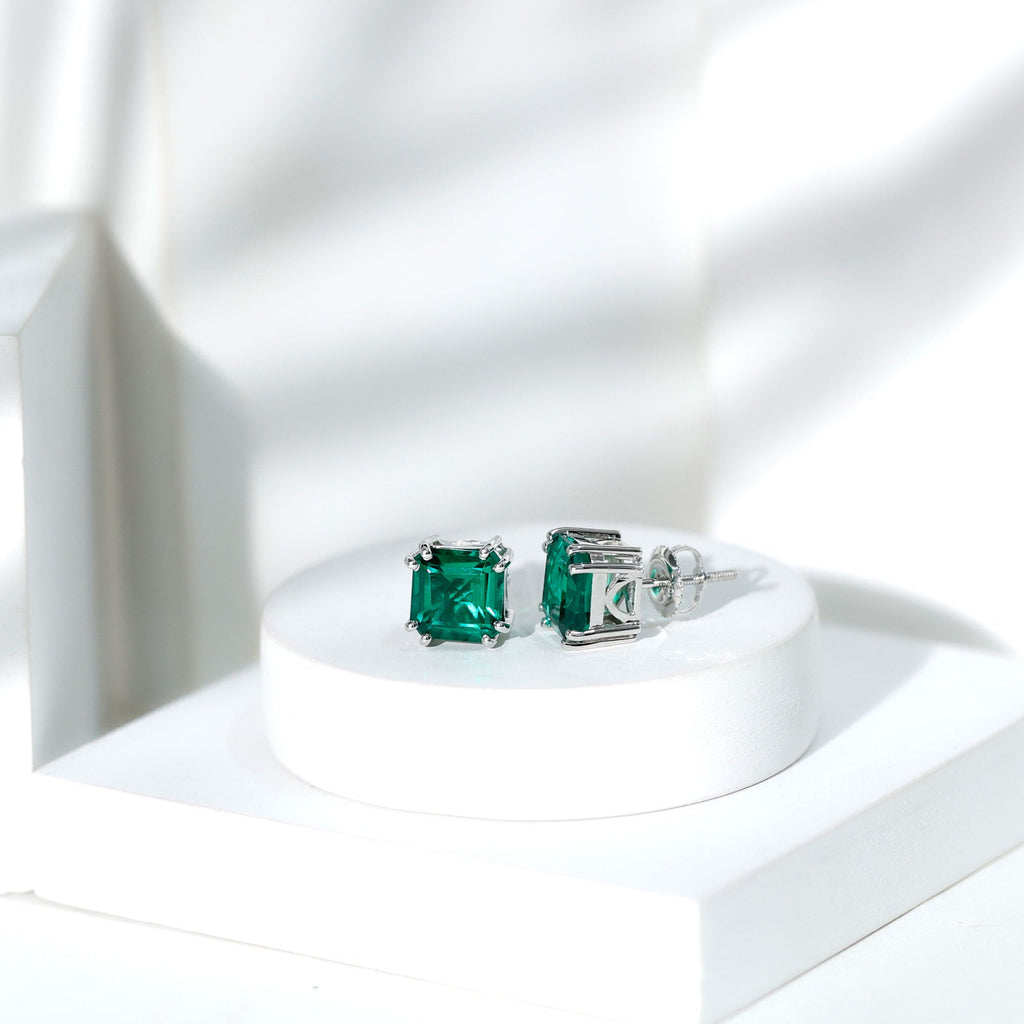 Certified Asscher Cut Lab Grown Emerald Stud Earrings in Double Prongs