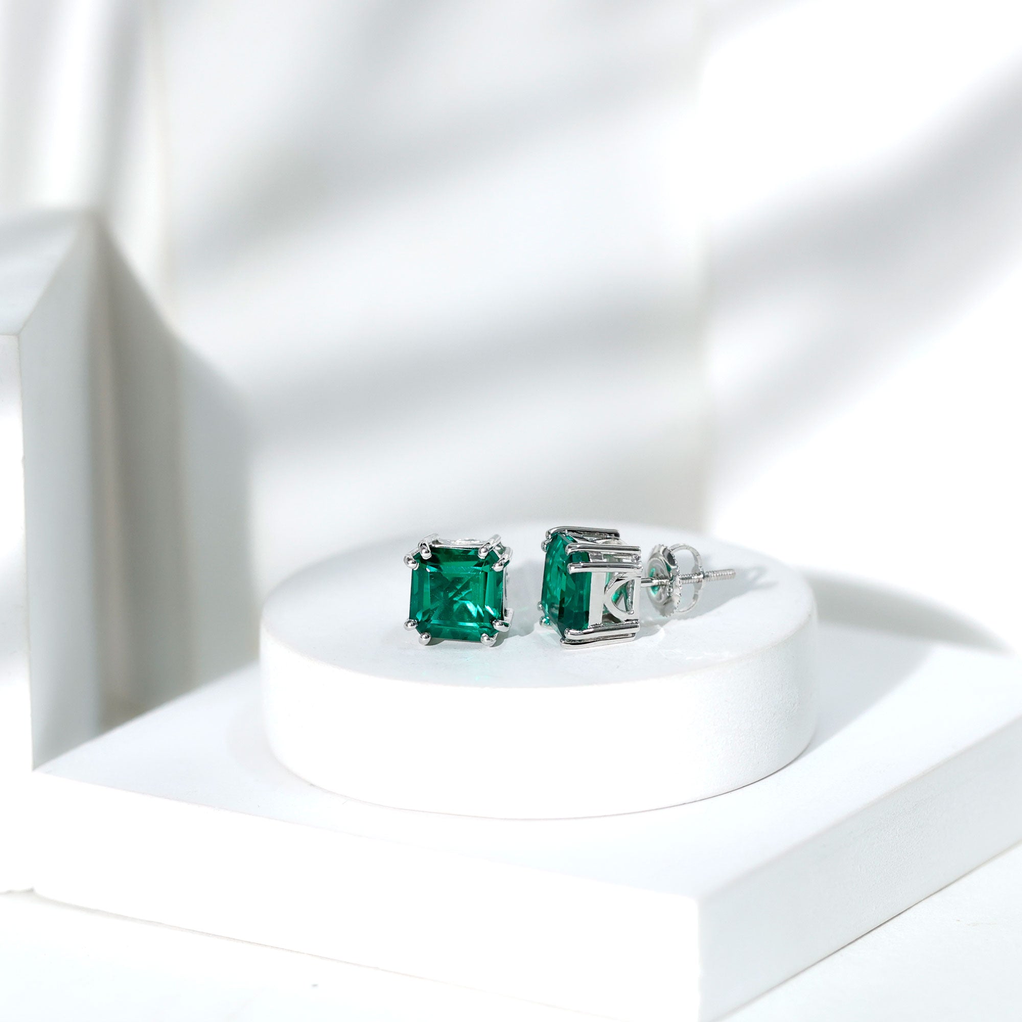 Certified Asscher Cut Lab Grown Emerald Stud Earrings in Double Prongs