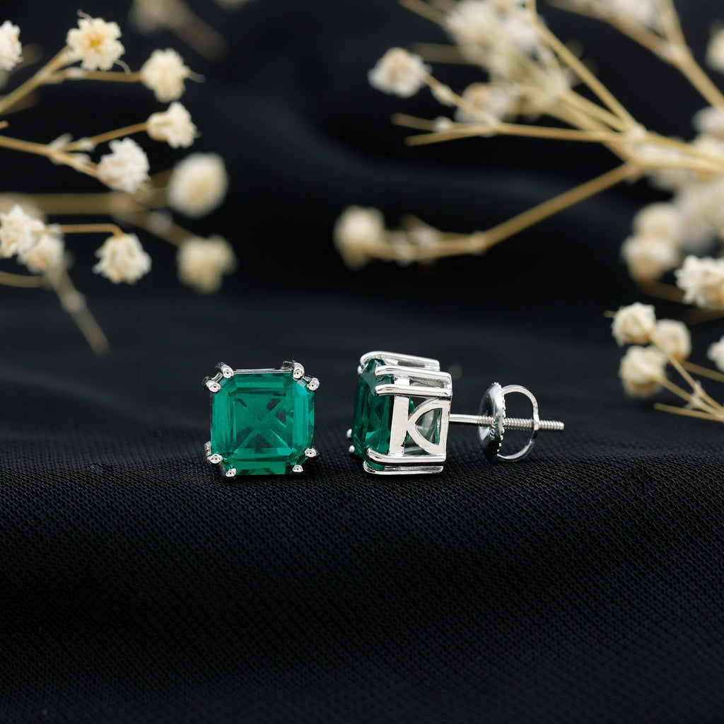 Certified Asscher Cut Lab Grown Emerald Stud Earrings in Double Prongs