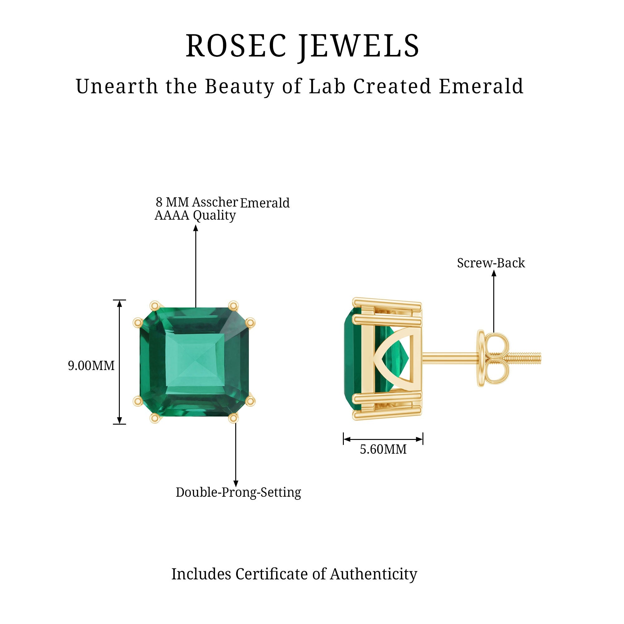 Certified Asscher Cut Lab Grown Emerald Stud Earrings in Double Prongs
