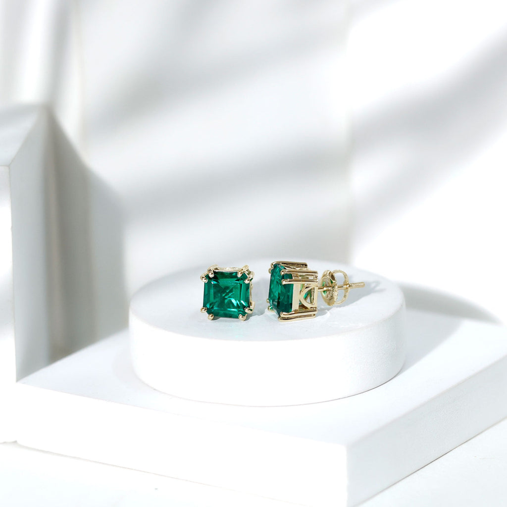 Certified Asscher Cut Lab Grown Emerald Stud Earrings in Double Prongs